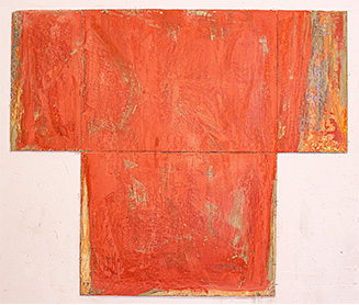 Red Vessel, 2022, 35x41x2&rdquo;, pigmented plaster on poplar
